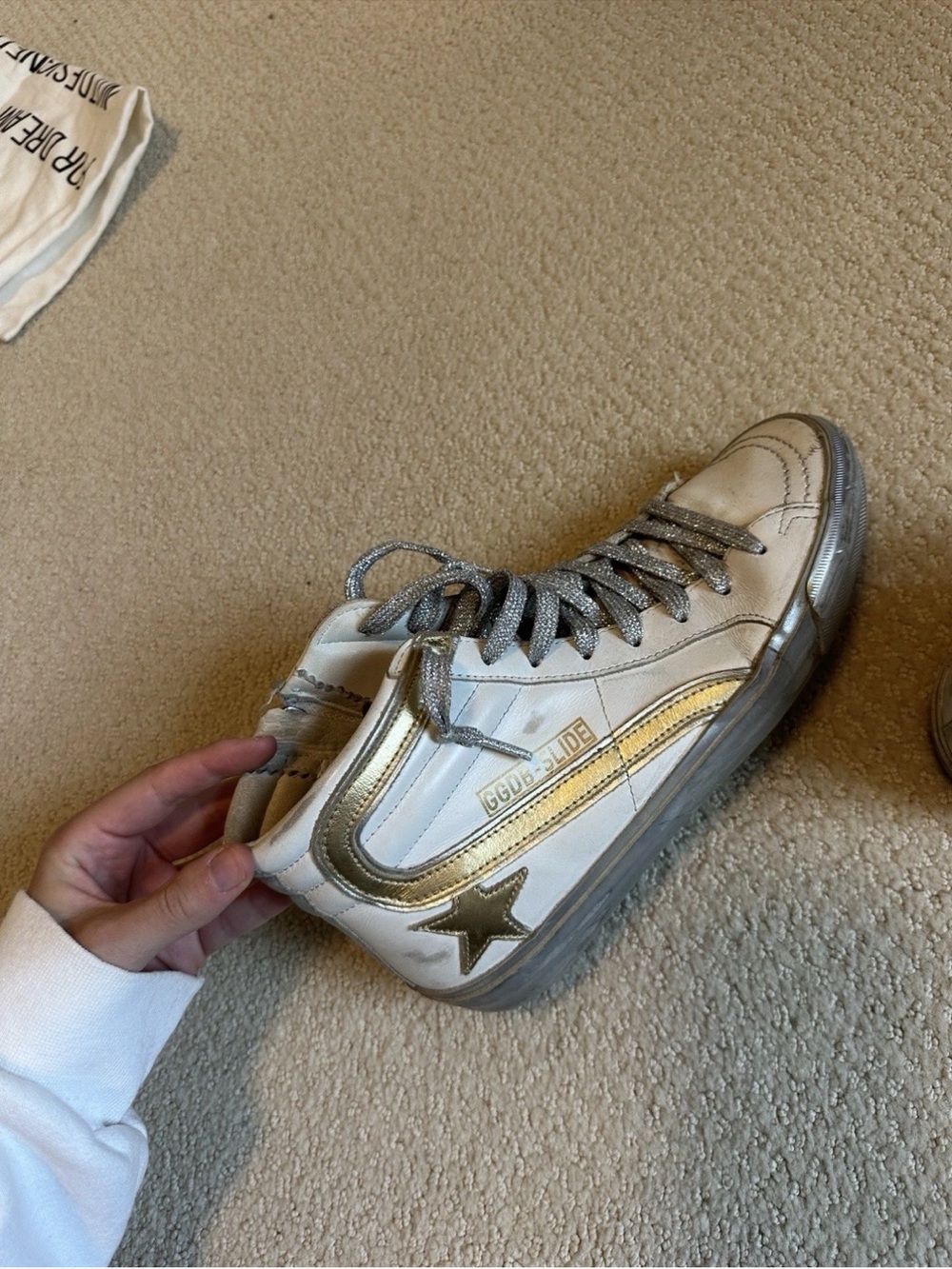 Golden Goose White and Gold High-Top Sneakers with Glitter Laces Size 38 - Picture 2 of 8
